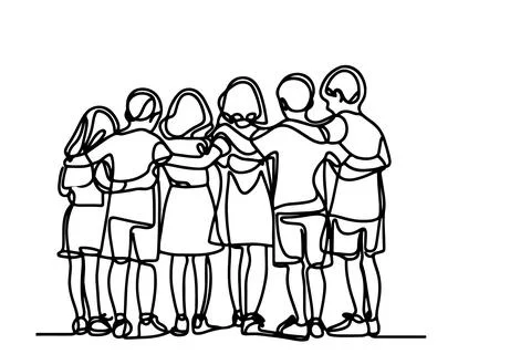 One continuous line drawing of a group of children holding each other's han.. Stock Illustration
