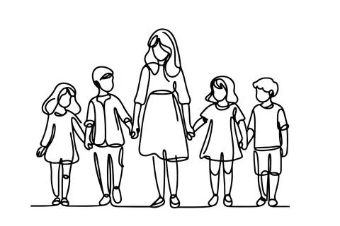 One continuous line drawing of a group of children holding each other's han.. Stock Illustration
