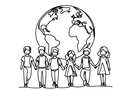 One continuous line drawing of a group of children holding each other's han.. Stock Illustration