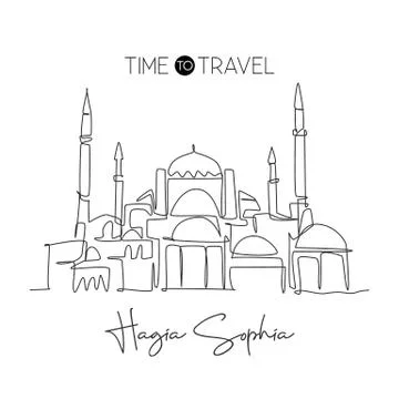 One continuous line drawing Hagia Sophia mosque. World beauty iconic landmark 스톡 일러스트