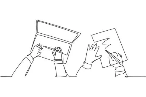 One continuous line drawing of hand typing on laptop and hand signing Stock-Illustration