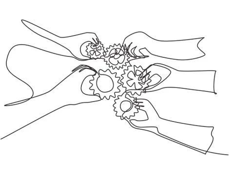 One continuous line drawing of hand gesture business team member unite gear Stock Illustration
