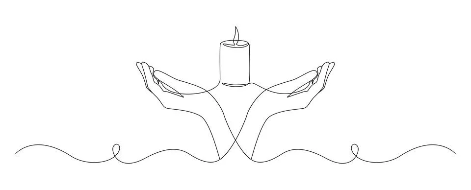 One continuous line drawing of hand holding candle. Symbol of prayer and church Stock Illustration