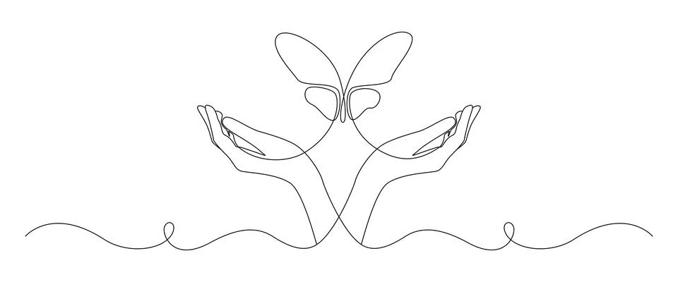 One continuous line drawing of hand holding butterfly. Beautiful flying moth for Stock Illustration