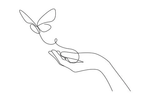 One continuous line drawing of hand holding butterfly. Beautiful flying moth for Stock Illustration