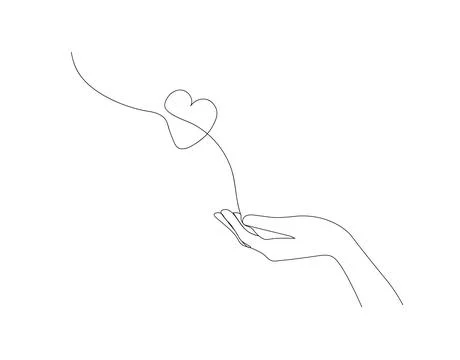 One continuous line drawing of hand holding heart. Beautiful flying moth for Stock Illustration