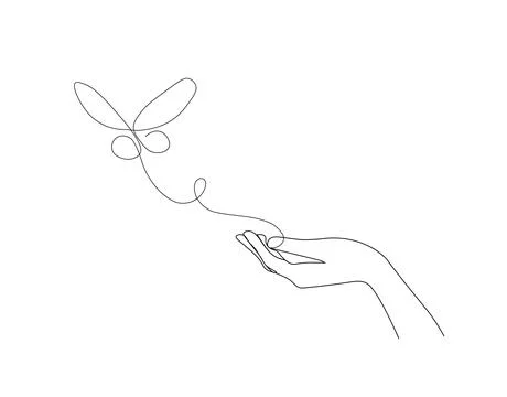 One continuous line drawing of hand holding butterfly. Beautiful flying moth for Stock Illustration