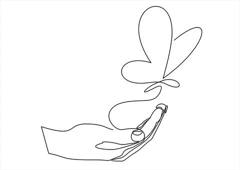 One continuous line drawing of hand holding butterfly. Beautiful flying moth for Stock-Illustration
