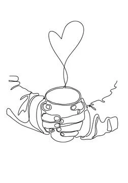 One continuous line drawing of hands holding a cup of hot coffee. Stock Illustration