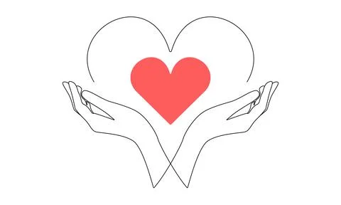 One continuous line drawing of hands holding heart. Concept of love and Stock Illustration