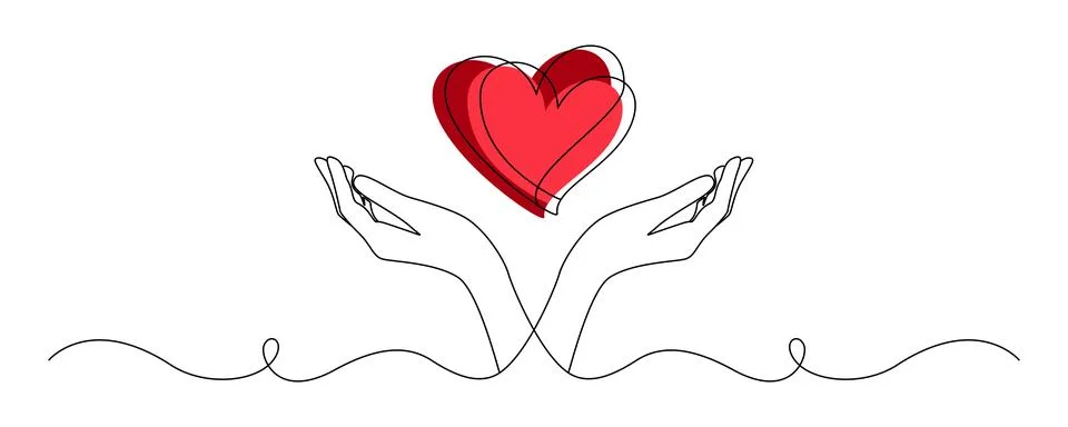 One continuous line drawing of hands holding heart. Concept of love relationship Stock Illustration