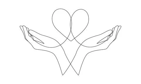 One continuous line drawing of hands holding heart. Concept of love and Stock Illustration