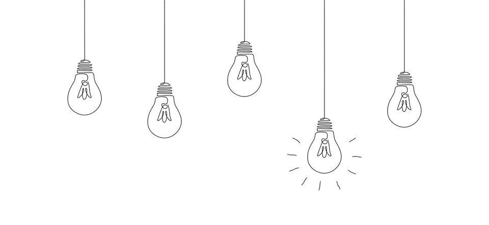 One continuous line drawing of hanging light bulbs with one glowing. Concept of Stock Illustration