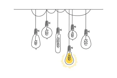 One continuous line drawing of hanging loft light bulbs with one shining Stock Illustration