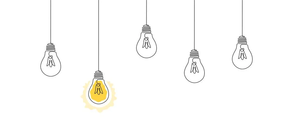 One continuous line drawing of hanging light bulbs with one shining. Concept of Stock Illustration