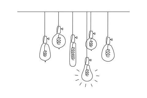 One continuous line drawing of hanging loft light bulbs with one glowing Stock Illustration