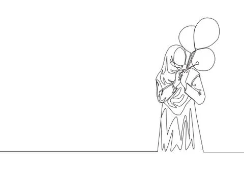 One continuous line drawing of happy muslim girl with veil holding balloon Illustrazione stock