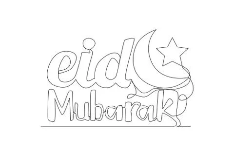 One continuous line drawing of Happy Eid Al Fitr Mubarak and Ramadan Kareem Stock Illustration