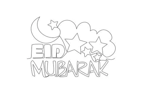 One continuous line drawing of Happy Eid Al Fitr Mubarak and Ramadan Kareem 스톡 일러스트