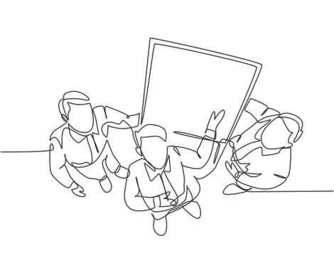 One continuous line drawing of happy business men meeting using flip chart Stock Illustration