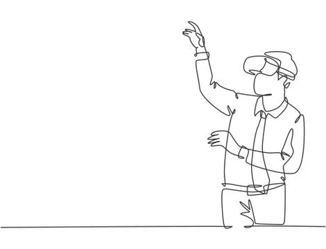 One continuous line drawing of happy businessman pretend to touch button Illustrazione stock