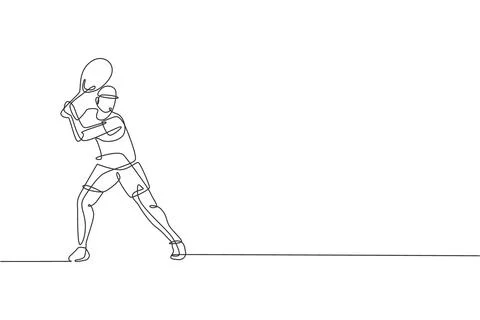 One continuous line drawing of happy tennis player concentrate to hit ball Stock Illustration