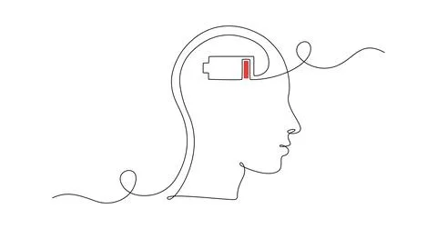 One continuous line drawing of head with low battery level. Mental health Stock Illustration