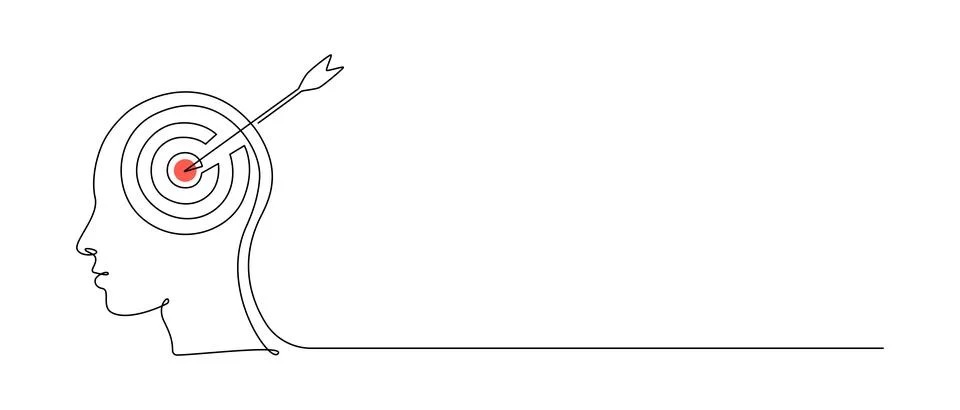 One continuous line drawing of head with target and arrow. Mental health and Stock Illustration