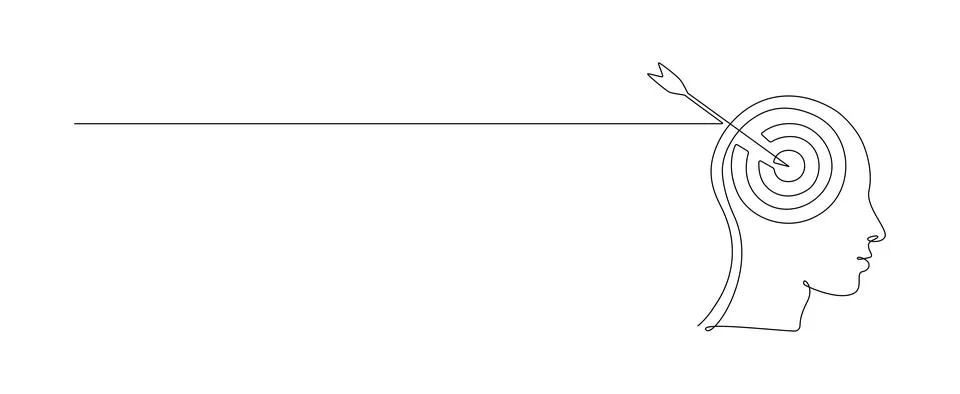 One continuous line drawing of head with target and arrow. Mental health and Stock Illustration