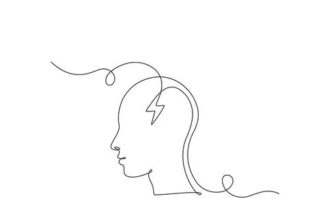 One continuous line drawing of head with charging and lightning battery level Stock Illustration