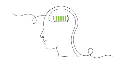 One continuous line drawing of head with full battery level. Mental health and Illustrazione stock