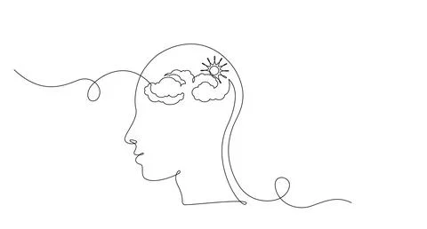 One continuous line drawing of head with cloud and sun. Mental health and Stock Illustration