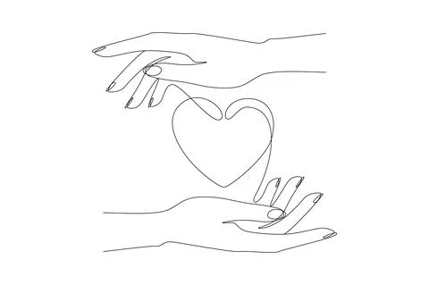 One continuous line drawing of heart between hands. Symbol of care and save Stock Illustration
