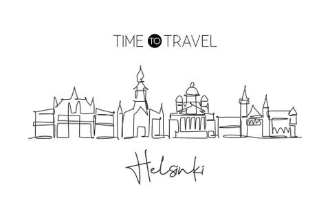 One continuous line drawing of Helsinki city skyline, Finland Stock Illustration