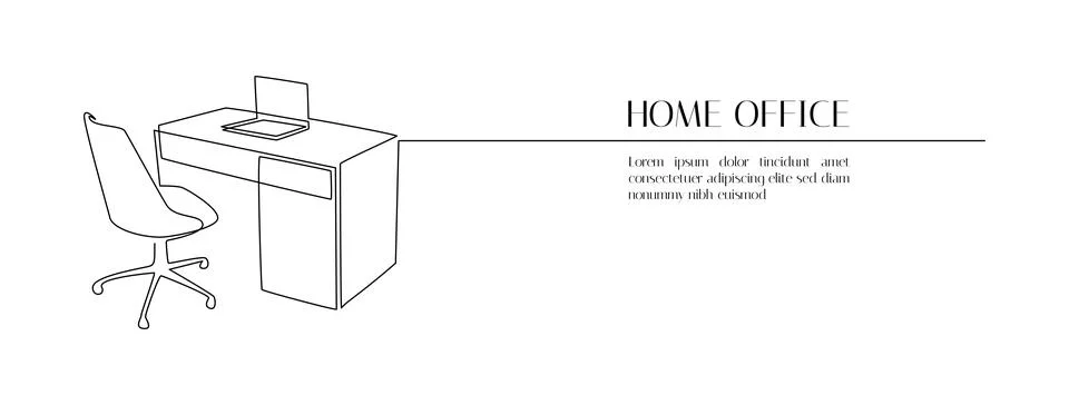 One continuous line drawing of home office interior. Modern work desk and chair Stock Illustration