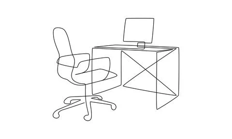 One continuous line drawing of home office interior. Modern work desk and chair Stock Illustration