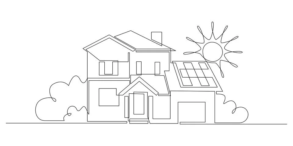 One continuous line drawing of house with Solar panel on the roof. Green energy Stock Illustration