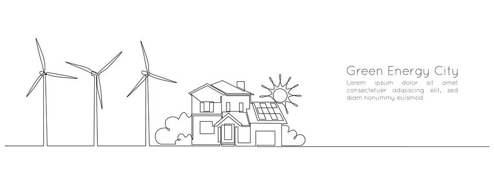 One continuous line drawing of house with Solar panel on the roof and wind Stock Illustration