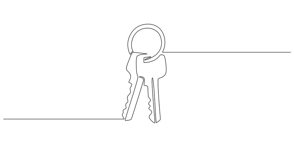 One continuous line drawing of house keys. Real estate and password and security Stock Illustration