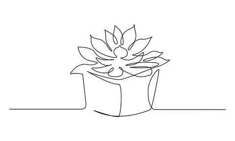 One continuous Line drawing of House plant in pot. Succulent in simple linear Stock Illustration