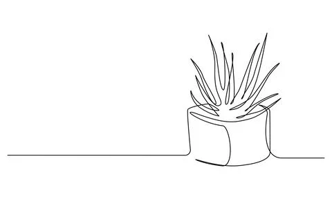 One continuous Line drawing of House plant in pot. Succulent aloe vera in simple Stock Illustration