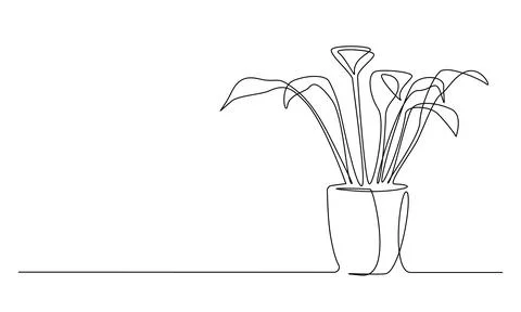 One continuous Line drawing of House deciduous plant in pot. Beautiful home Stock Illustration