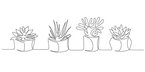 One continuous Line drawing of House plants in pots. Eco interior with Stock Illustration
