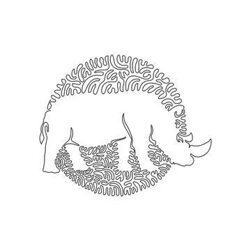 One continuous line drawing of huge rhinos, abstract art in circle Stock Illustration