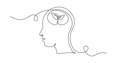 One continuous line drawing of human head with plant inside. Mental health and Stock Illustration