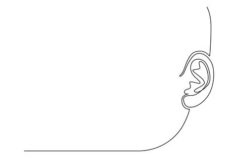 One continuous line drawing of human ear with front face. Icon Symbol of hear Stock Illustration