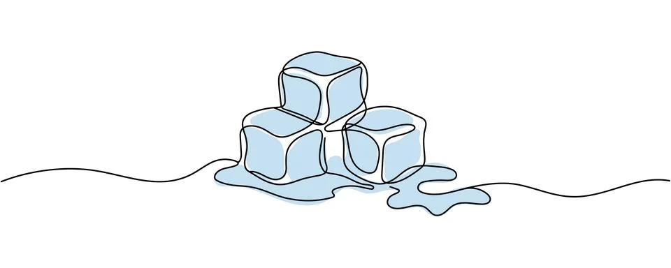 One continuous line drawing of ice cubes with meltwater pool. Minimalist abst Stock Illustration