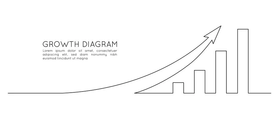 One continuous line drawing of increasing up arrow bar graph sign. Business Stock Illustration