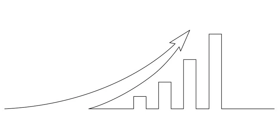 One continuous line drawing of increasing up arrow bar graph sign. Business Stock Illustration