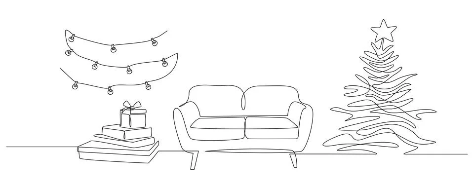 One continuous Line drawing of interior with sofa, gift boxes and christmas tree Stock Illustration